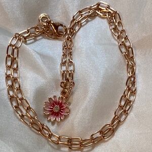 PANDORA Pink Daisy Dangle Charm w/ Rose Gold Link Chain NWOT